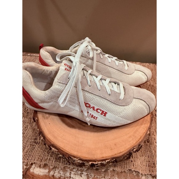 COACH MYLA 1941 SNEAKERS Womens 9M Suede Pink Leather & Beige White Mesh Sleek - Picture 5 of 16